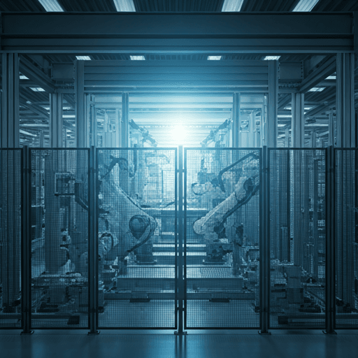 Automated smart factory floor with robotics and blue industrial lighting