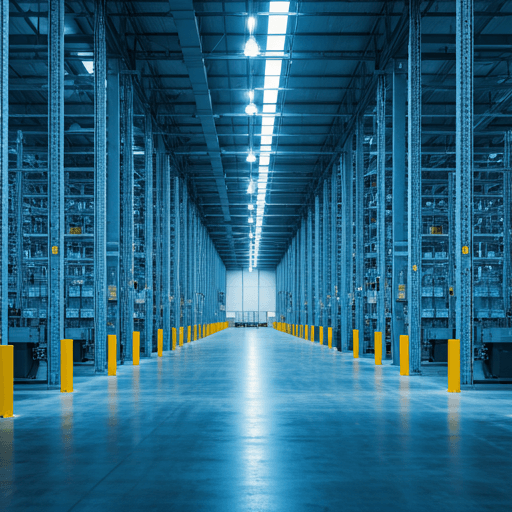 Modern distribution center with autonomous robots under blue industrial lighting