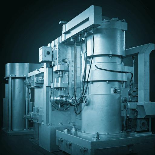 Modern factory floor with robotic arms and blue diagnostic lighting