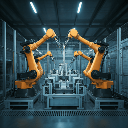 Automated factory floor with robotic arms and blue status lighting