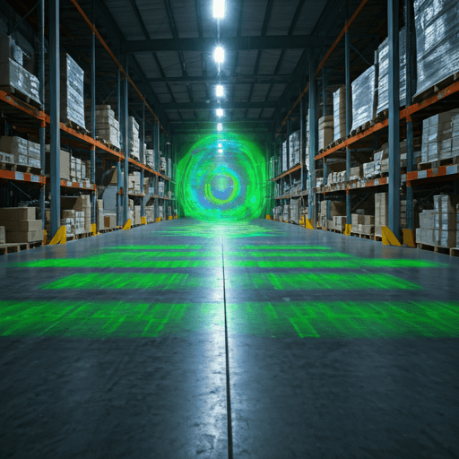 Digital overlay on a warehouse floor with heatmaps and object tracking outlines