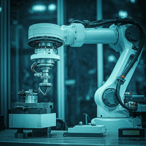 High-tech robotic arm in a precision manufacturing facility with cool blue industrial lighting