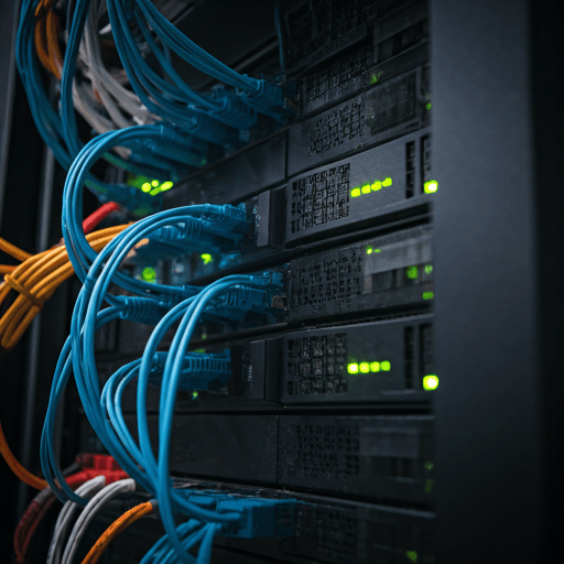 Server racks with LED indicators and structured cabling