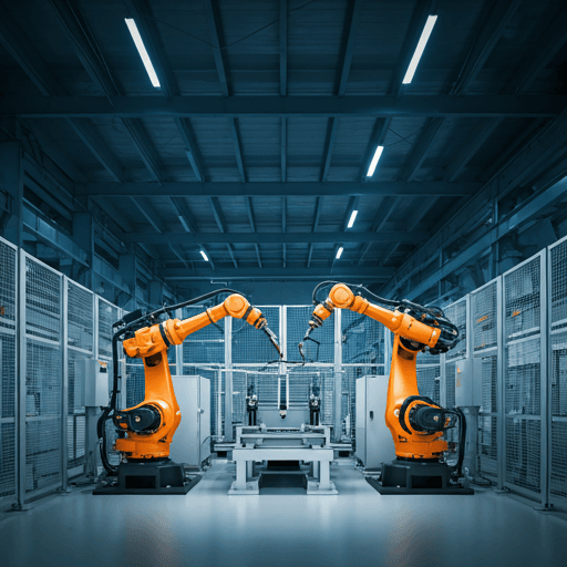 Modern industrial facility with robotic arms and blue structural lighting in a high-tech manufacturing environment