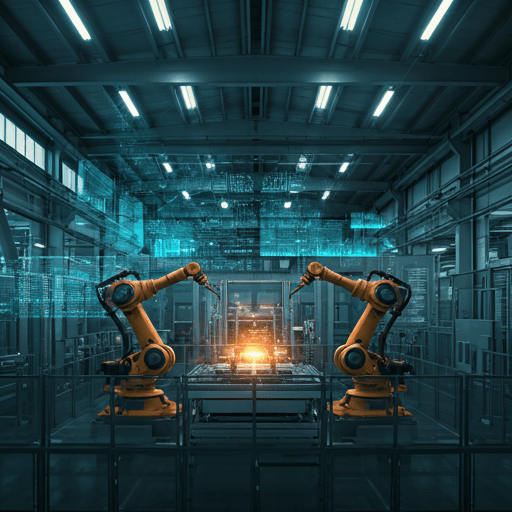 Smart factory with robotic arms and blue industrial lighting