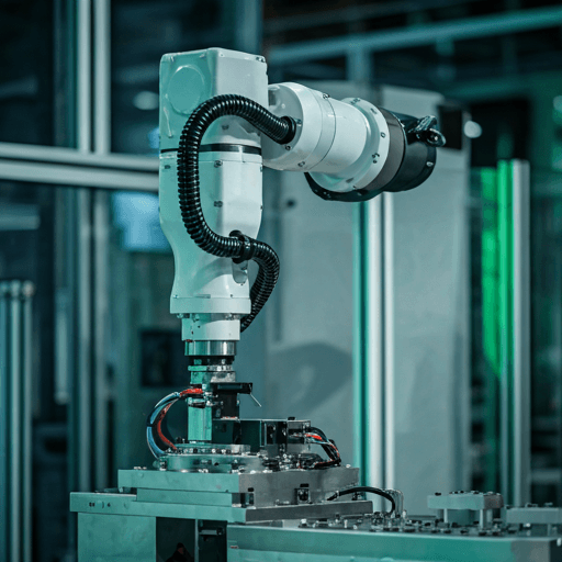 High-tech robotic assembly arm in a clean industrial facility with soft blue and green lighting